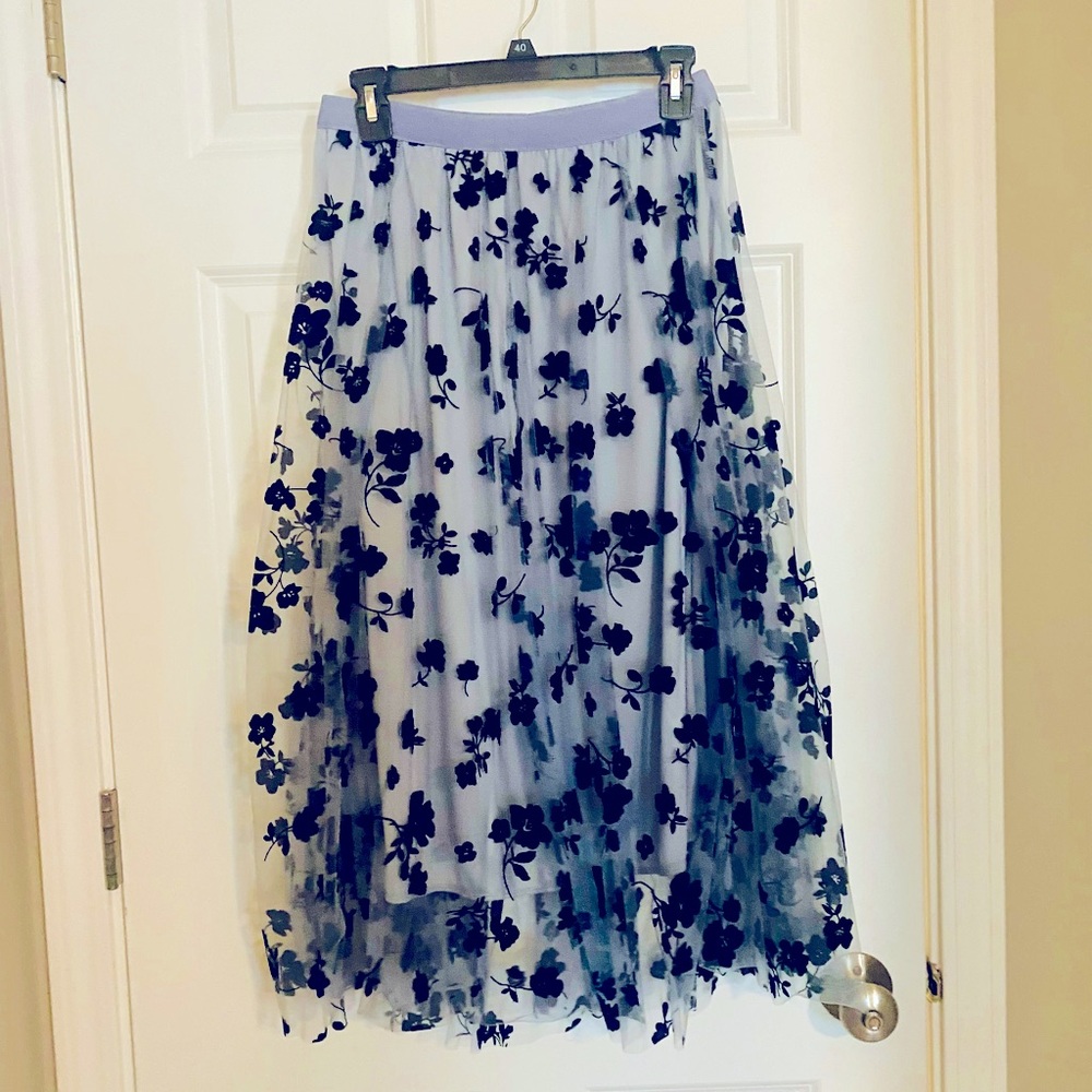 Blue Embellished Tulle A-Line Midi Skirt